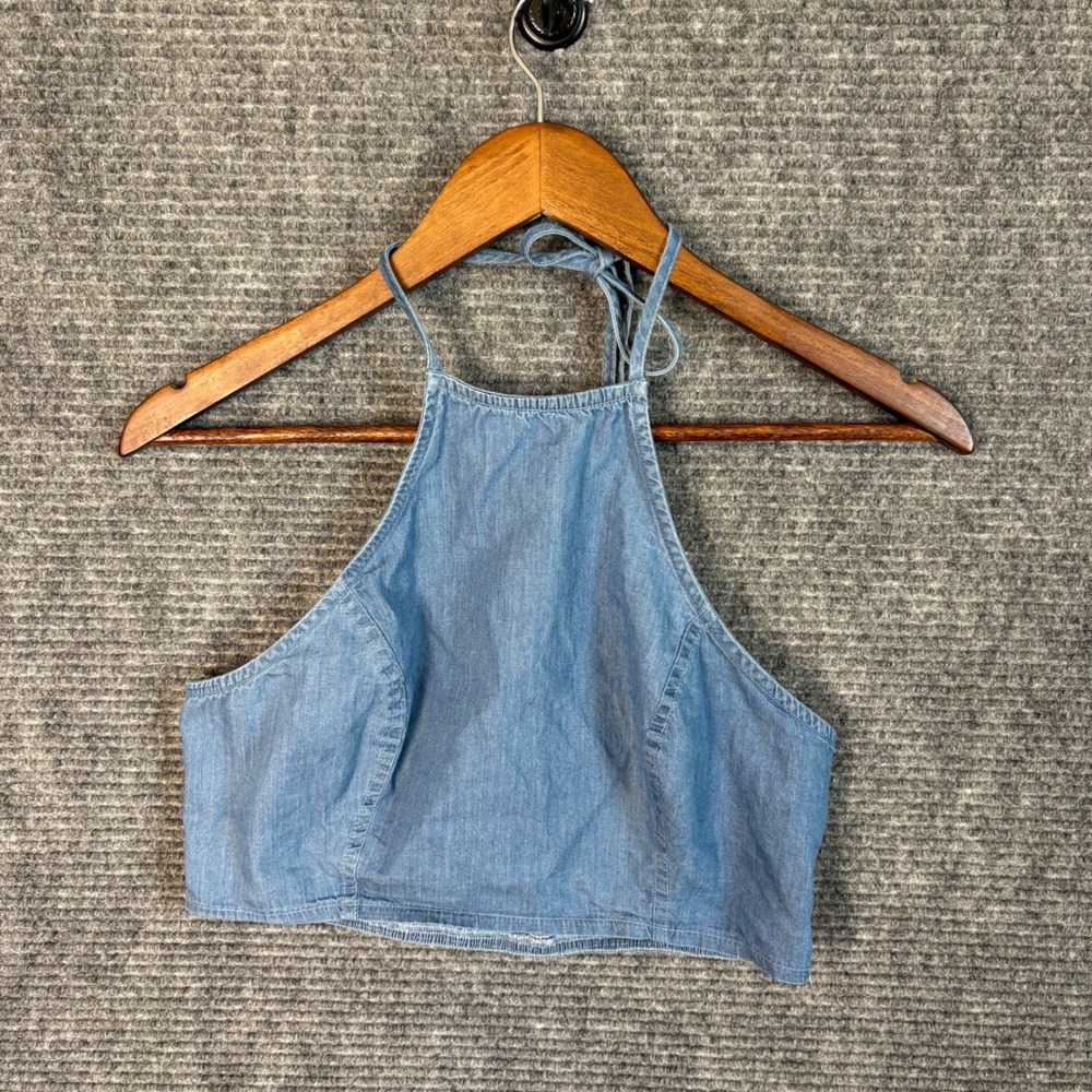 Rue21 Denim Halter Crop Top Blue Chambray Tie Back Open Back Tank Size M